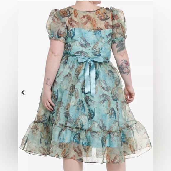Hot Topic Aqua Mermaid-Print Sheer Midi Dress with Ruffle Hem - Picture 3 of 7